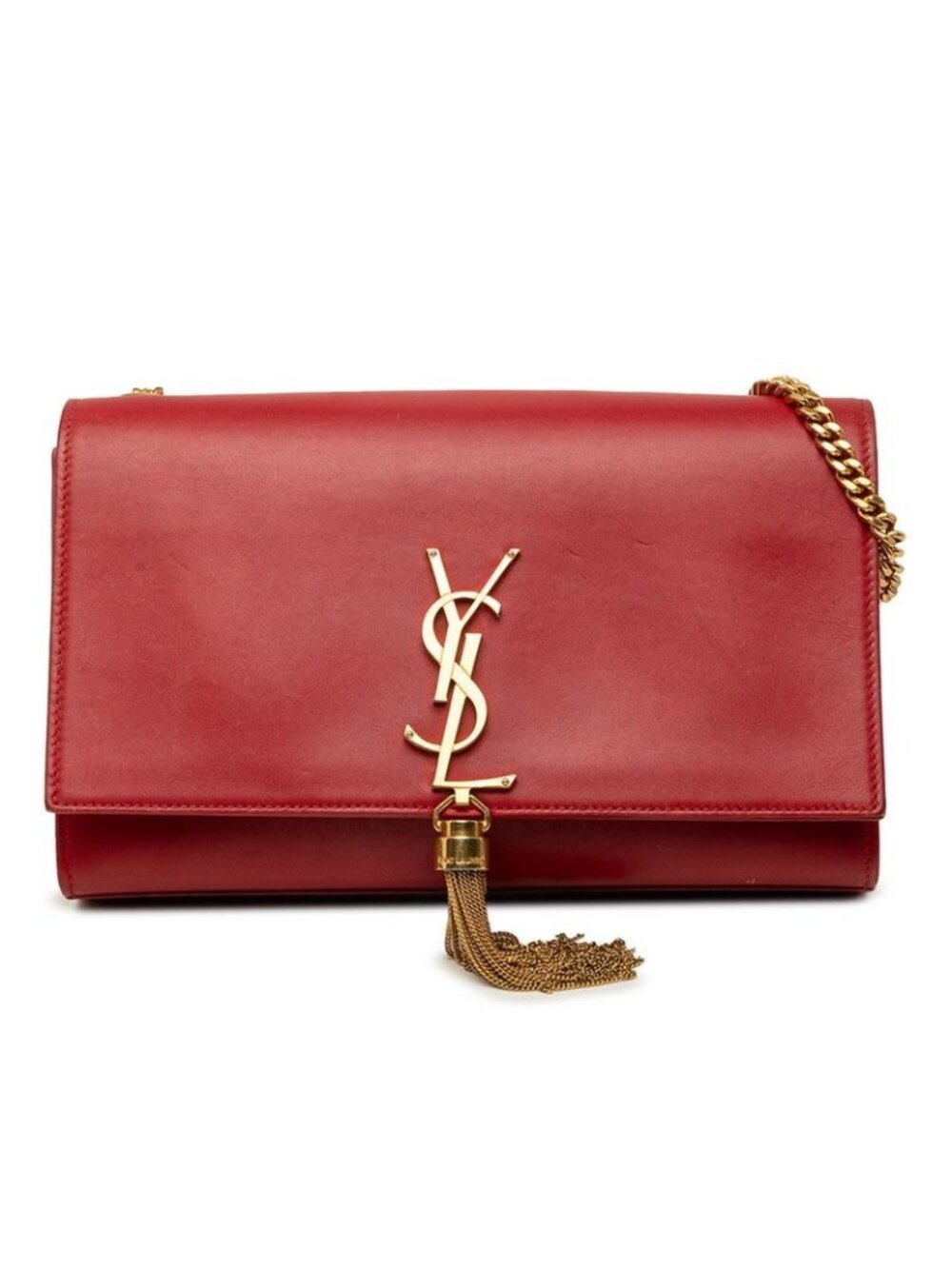 Saint Laurent YSL Logo Kate Tassel Chain Shoulder Bag Red Gold Leather